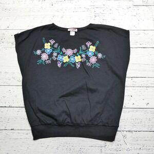 Vintage Club USA Shirt Womens Large Black Floral Print Pullover 80s 90s USA Made